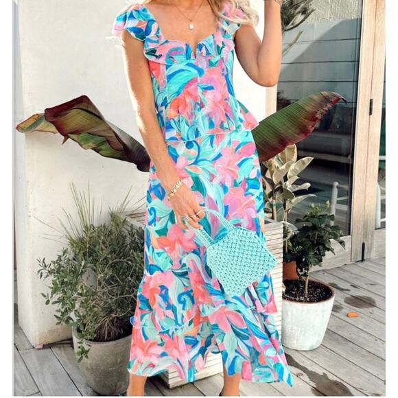 Show Me Your Mumu Dresses & Skirts - Show Me Your Mumu Reese Ruffle Midi Dress in Hibiscus Punch Crinkle Sz M